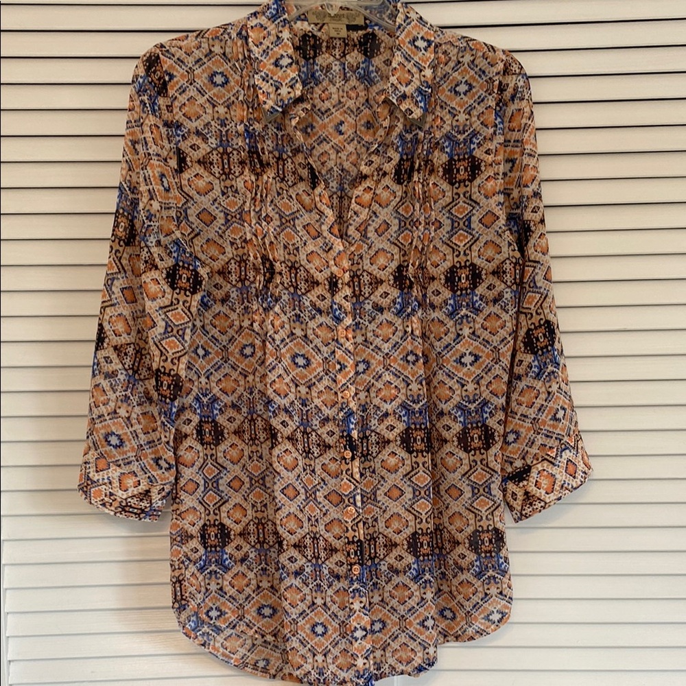 Vintage America Sheer orange, Blue and Cream Patterned Women's Top